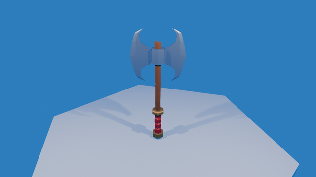a 3d model of a battle axe with wooden handle and metal axe head