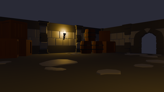Close view of dimly lit dungeon with stacks of barrels and crates