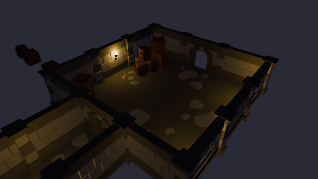 Dimly lit dungeon with stacks of barrels and crates