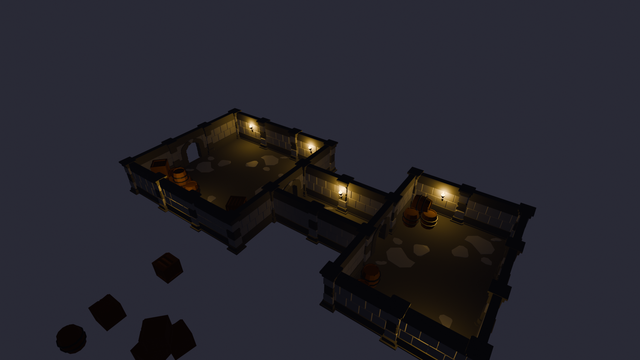 Far view of Dimly lit dungeon with stacks of barrels and crates