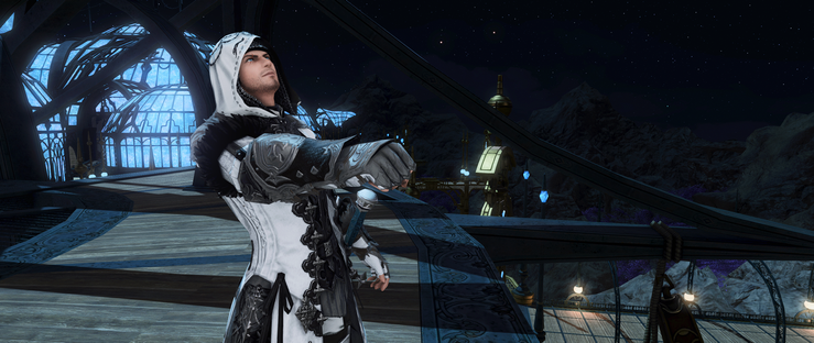 A man in a white coat stands on a tower, surrounded by a the Crystarium, deep in contemplation as he gazes up at the star-filled night sky.