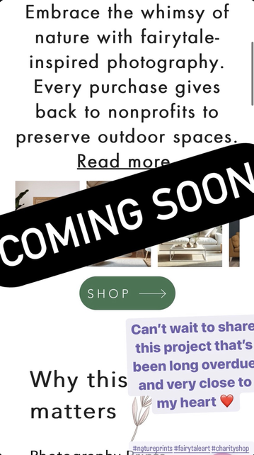 Charity based whimsical-nature aesthetic print shop website launch, women owned small business donations for nature conservation and protecting outdoor spaces 