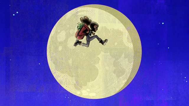 a girl, wearing a black balaclava and carrying a backpack full of cash, makes a big leap with a huge full moon in the background