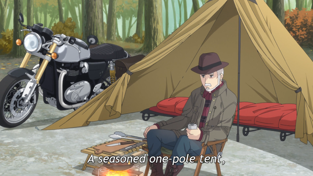 An older man sitting in front of a tent, that's next to a motorcycle, with a subtitle on screen reading, "A seasoned one-pole tent,"