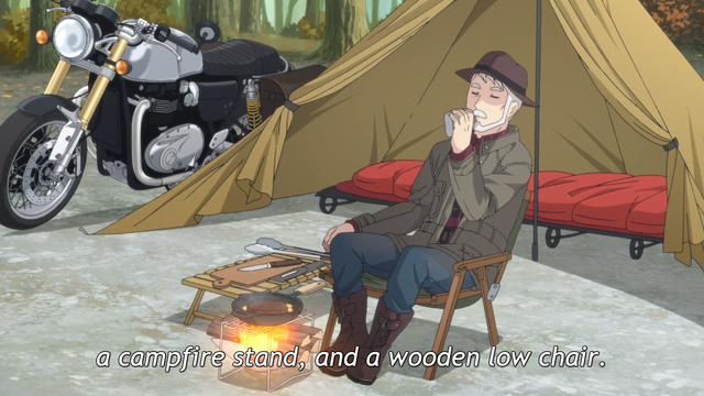 An older man sitting in front of a tent, that's next to a motorcycle, with a subtitle on screen reading, "a campfire stand, and a wooden low chair."