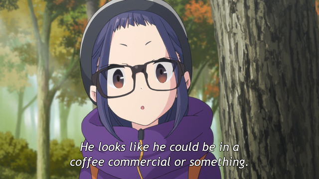 A girl (Chikai) making an observational thought, "He looks like he could be in a coffee commercial or something."