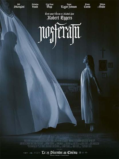 Cartel de cine de Nosferatu. 
En la parte izquierda de la imagen detrás de una cortina se ve la sombra del Conde Orlok. A la derecha y enfrente del Conde Orlok a Elli.
En la parte de arriba se leen los actores y el título de la película Nosferatu.