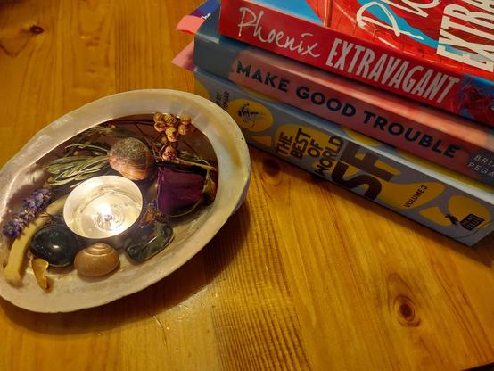 A lit tea light in a large shell with bits of plant, stones, and snail shells. Next to the shell is a stack of 3 books, arranged horizontally on top of each other. They are, from bottom to top...The Best Of World SF Volume 3 (edited by Lavie Tidhar, Make Good Trouble by Briana Pegado, and Phoenix Extravagant by Yoon Ha Lee. My morning ritual is to light a tea light for gratitude, and read a short story. Then I read some of whatever novel I'm reading at the moment, if there's time after the short story, they really can vary in length!
