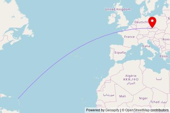 A map showing the great circle route from St. John's in Antigua and Barbuda to a map pin at svatý Vavřinec, Vítězovská, 281 01 Vítězov, Czechia