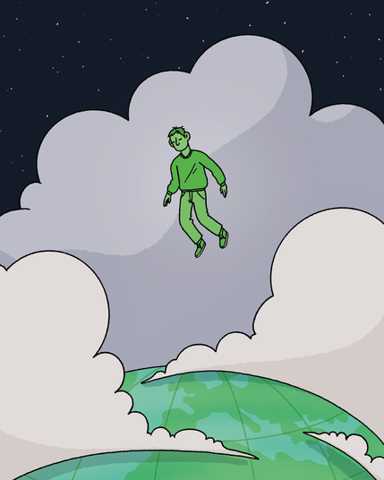 illustration d'un homme flottant au dessus de la planète terre au milieu des nuages