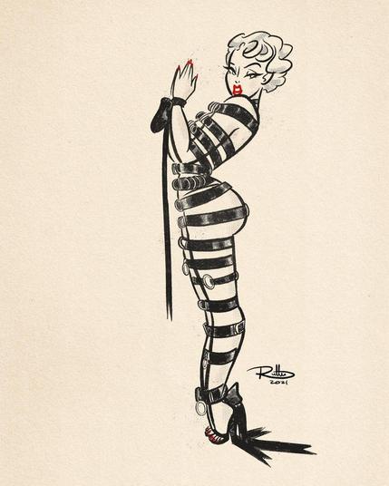 Drawing of a high heeled woman, tied up with many belts from shoulders to ankles