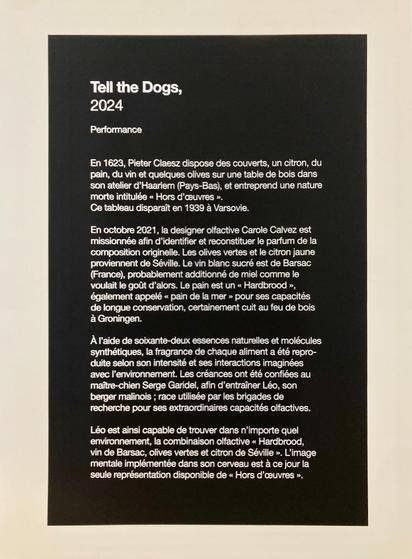 “Tell the Dogs”, Brognon Rollin, 2022
Où le chien ne retrouva pas la nature morte de Peter Claesz lors de Art Basel, mais marqua 17 arrêts sur certains stands.
NB1. avant d'être imprégné des odeurs du tableau, ce chien était programmé pour rechercher de la drogue dans les aéroports. Conclusion : on n'efface pas si facilement un programme…
NB2. les noms des 17 stands peuvent être communiqués sur simple MP, ici.