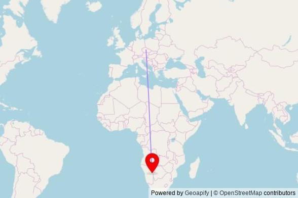 A map showing the great circle route from Vítězov in the Czech Republic to a map pin at Old Apostolic Church, Farmer Street, Gobabis 11001, Namibia