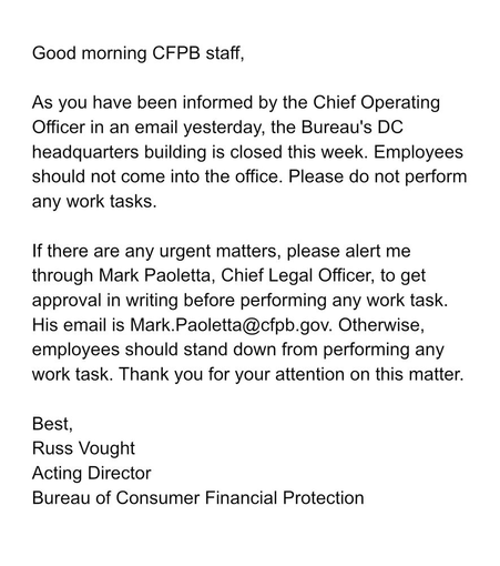 Mail to all CFPB staff to stand down.