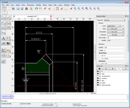 QCAD user interface with a sample 2d CAD drawing