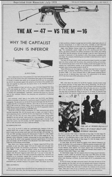 Página del diario The Black Panther del 4 de julio de 1970 (página 17) en el que se compara el AK-47 de fabricación soviética con el M-16 americano, llegando a la conclusión de que el fusil americano es inferior al soviético.