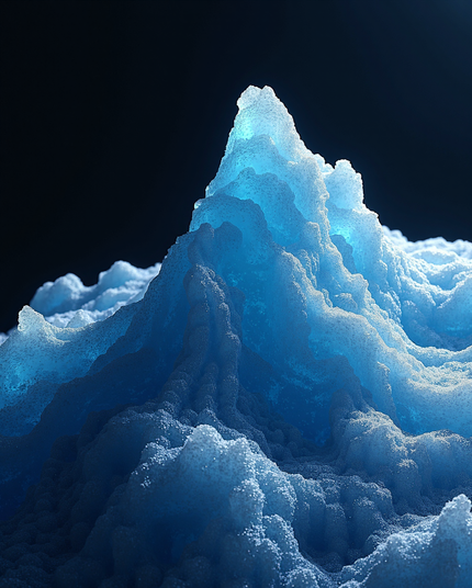 A luminous blue formation resembling an ice mountain or frozen wave, bathed in soft light against a deep, dark background. The intricate textures evoke a dreamlike, surreal atmosphere.
