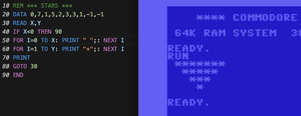Solving BASIC programming language exercises to print a pyramid of stars