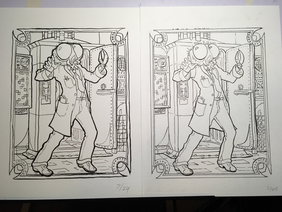 Two side-by-side lineart images of the fly-headed scientist from the movie The Fly. The first image has thicker, more pronounced linework while the second image's lines are finer, with a more precise level of detail and are slightly less shaky. Both are inked on paper.