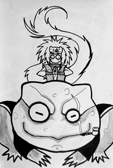 Dibujo hecho de forma tradicional con tinta y papel. Se trata de un fanart del personaje Jiraiya del anime y manga Naruto / Naruto Shippuden. El personaje se encuentra sobre Gamabunta, un gran sapo que fuma en pipa. 