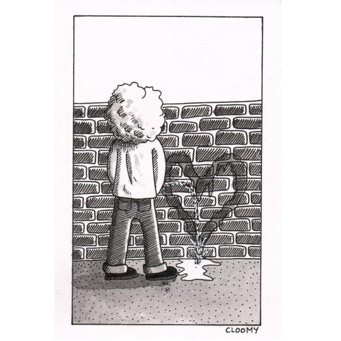 Illustration en noir et blanc montrant un personnage de dos urinant sur un mur en briques dessinant un cœur avec son pipi.