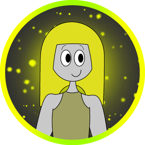 Bust drawing of a happy Kalium. The bust's border is yellow with a hint of yellowish-green above and below. The bust's background has a couple yellow stars on it.