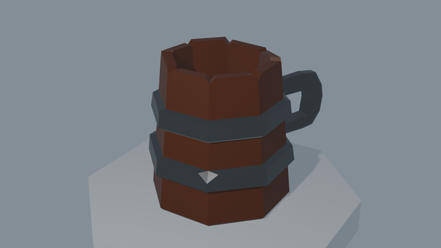 low poly 3d model of a wooden tankard with metal fittings