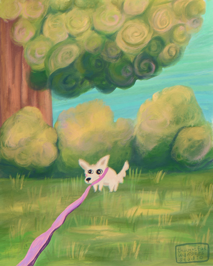 oil paint brush pen on digital canvas of a small white dog being walked on a leash in a park with bushes in the back and a tree