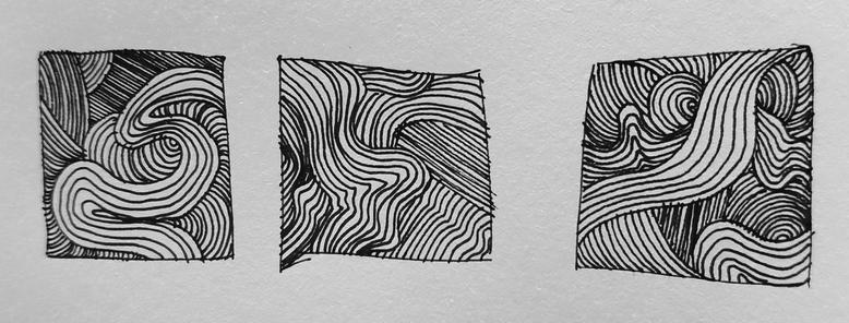 Triptyque de dessins à l'encre noire, lignes courbes entrecroisées.