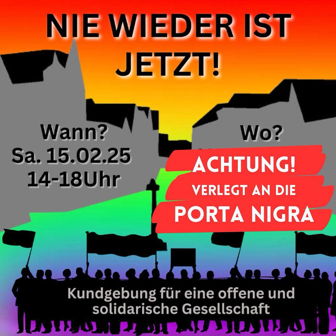 Sharpic mit einer schematischen Zeichnung der Trierer Innenstadt in Regenbogenfaben und einer Gruppe Demonstrierender. 

Der Text lautet: 
Nie wieder ist jetzt!
Wann? Sa. 15.02.25, 14-18 Uhr
Wo? Achtung! Verlegt and die Porta Nigra

Kundgebung für eine offene und solidarische Gesellschaft