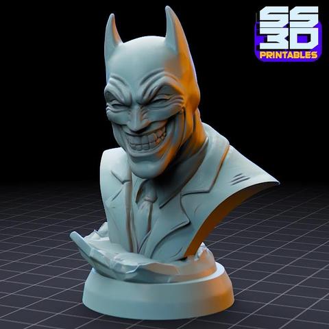 Batman, Joker, Dark Knight, twisted grin, 3D printable bust, STL file, superhero mashup, Batman Joker fusion, villain hero hybrid, 3D printing, collectible figurine, resin print, FDM print, DC fan art, display model, comic book sculpture, 3D model, printable statue, Batman fan art, Joker smile