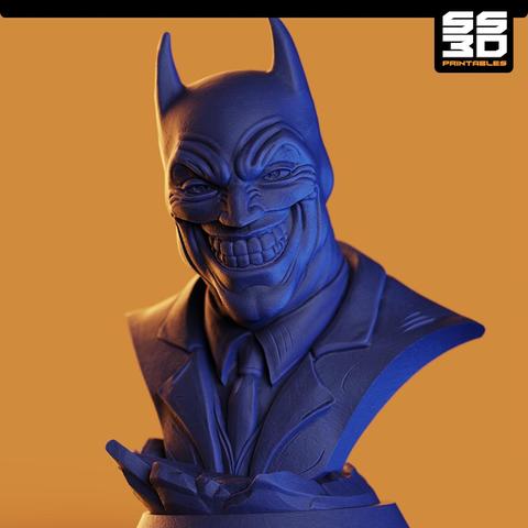 Batman, Joker, Dark Knight, twisted grin, 3D printable bust, STL file, superhero mashup, Batman Joker fusion, villain hero hybrid, 3D printing, collectible figurine, resin print, FDM print, DC fan art, display model, comic book sculpture, 3D model, printable statue, Batman fan art, Joker smile