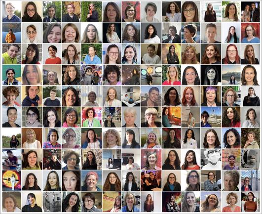 This image is a collage of 130 portraits, arranged in a 10 by 13 grid. The portraits show selfies and photographs of women who have contributed to the ESA & NASA Solar Orbiter mission