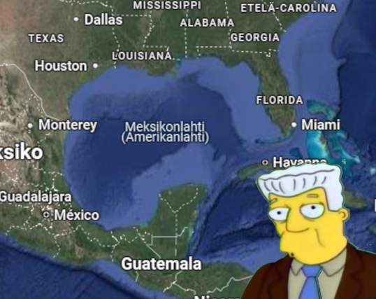 Kartta. Meksikonlahti / Amerikanlahti Googlen Suomi-versiossa. Kent Brockman (Simpsonien quisling-uutistenlukija) katselee jännittyneesti vieressä.