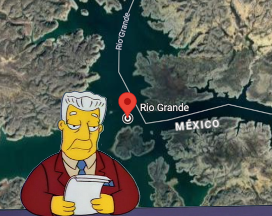Kartta. Yhdysvaltain ja Meksikon rajajoki, jota rajan pohjoispuolella kutsutaan Rio Grandeksi. Eteläpuolelta katsottuna se on Rio Bravo, jota ei kuitenkaan ole kuvaan merkitty. Kent Brockman katselee papereitaan turhautuneena.