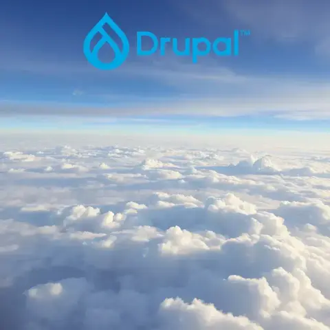 A Drupal logo floating over a cloud landscape