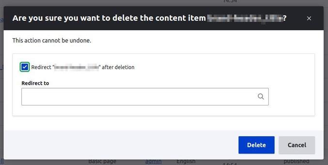 The delete node form with a field to add a redirect