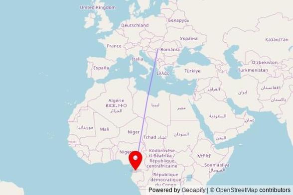 A map showing the great circle route from Coka Municipality in Serbia to a map pin at Akam's church, Carretera Niefang - Añisoc, Añisoc, Equatorial Guinea