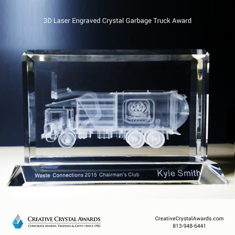 3d laser engraved crystal garbage truck award, 3d crystal disposal truck award, crystal award for garbage truck drivers, waste management award for waste management industry, crystal truck award, 3d garbage truck crystal award, disposal truck crystal award, corporate crystal awards USA, Creative Crystal Awards USA
