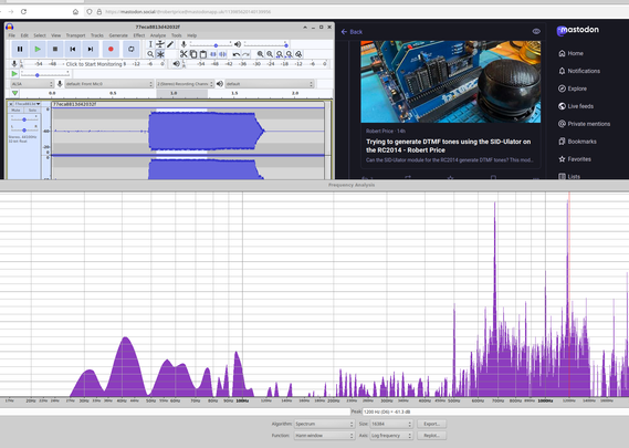 It's clear that there is low energy at the 1200 Hz cursor. The tones are near 1182 and 682, but should be at 1209 and 697. That's about 2.2% low. Mastodon window covered by audacity. Showing the tone selected in the time domain and an FFT with two major tones.