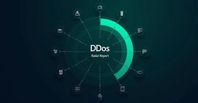 Un graphique circulaire intitulé "DDoS Radar Report", comportant un arc vert et diverses icônes représentant différentes technologies ou zones liées aux attaques DDoS (Distributed Denial of Service). L'arrière-plan est sombre, ce qui améliore le design moderne et axé sur la technologie.