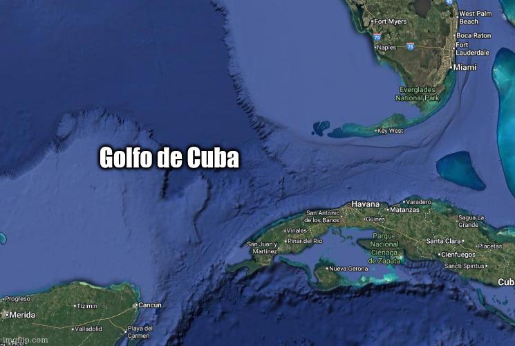 a map of Cuba and surrounding waters with one labeled "Golfo de Cuba"