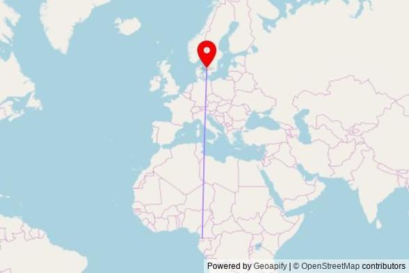 A map showing the great circle route from Añisoc in Equatorial Guinea to a map pin at Falkenberg Skrea, Baldersvägen 6, 311 42 Falkenberg, Sweden