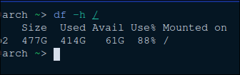 Output of the df -h / linux command

Size 477G
Used 414G
Available 61G
Use 88%
Mounted on /