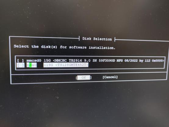 The console output of the Netgate 6100 which is showing the new SSD has been detected.