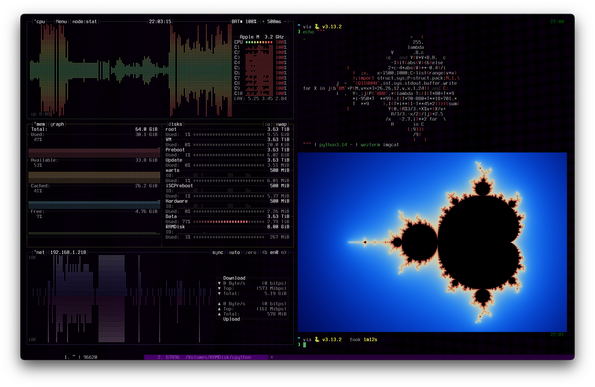 Wezterm with a vertical split. On the left you see bpytop, on the right some code golfing that produces a Mandelbrot set image from a Mandebrot set-looking piece of Python code. Executing with Python 3.14.
