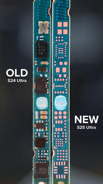 Close-up of the motherboards inside the Samsung Galaxy S24 Ultra and S25 Ultra's included S Pens, with the S24's on the left and the S25's on the right. The close-up reveals that the boards are nearly identical, but the S25 Ultra's is missing all of the components present on the S24 Ultra's S Pen. The pads are still present, but not populated with surface-mount devices.