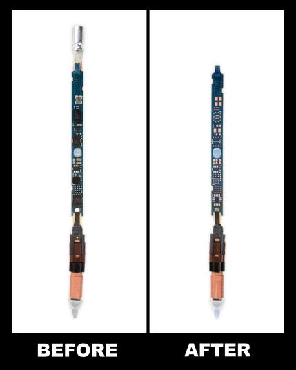 Before & After side-by-side of two different Samsung S Pen styluses. The "after" S Pen is missing the capacitor at the top, as well as all of the components soldered to the "before" S Pen's motherboard, but is practically identical otherwise.