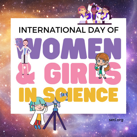 Text: International Day of Women & Girls in Science. Cartoon drawings of women and girls with science symbols: beakers, an atom, a telescope. Background: Yellow, purples, and pink space. seti.org