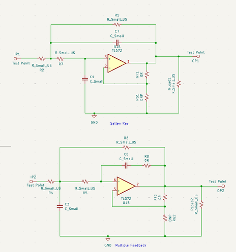 Kicad schematic snippit of a Sallen Key active filter and a Multiple feedback filter. 